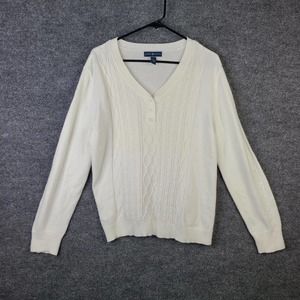 Karen Scott Sweater Women's L White 100% Cotton Cable Knit V-neck Pullover